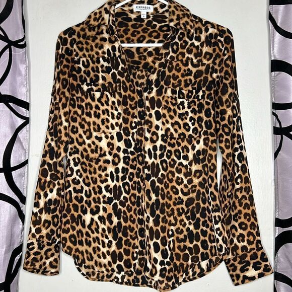 Express Portofino Shirt Top Blouse-Long Sleeve-Cheetah Print-XS - Picture 1 of 9